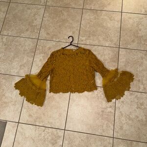 Elegant Vintage OG Mustard Dark Yellow Gold Lace Bell Sleeve Blouse